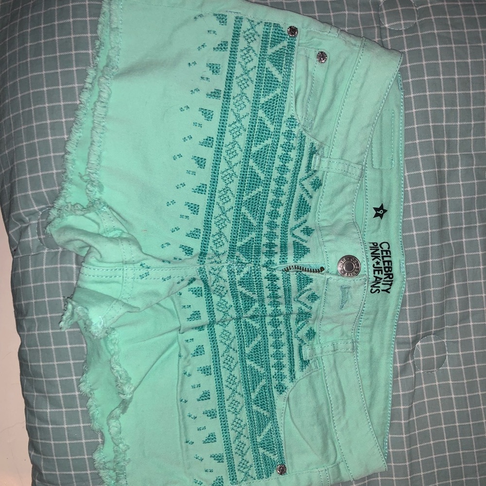 Teal with embroidered front jean shorts